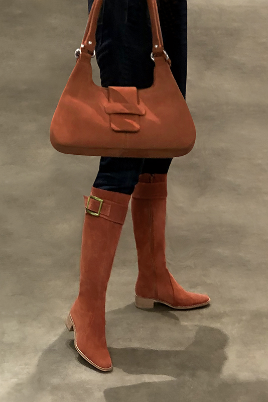 Terracotta orange women's riding knee-high boots. Round toe. Low leather soles. Made to measure. Worn view - Florence KOOIJMAN